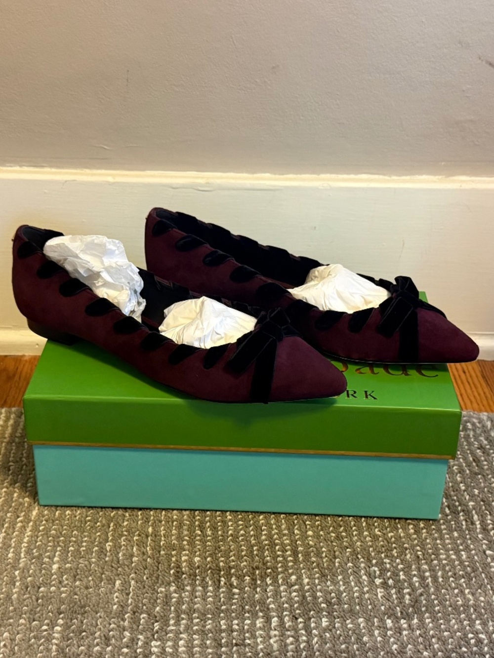 Kate Spade Kalani Deep Cherry Suede Velvet Bow Pointed Flats 8M